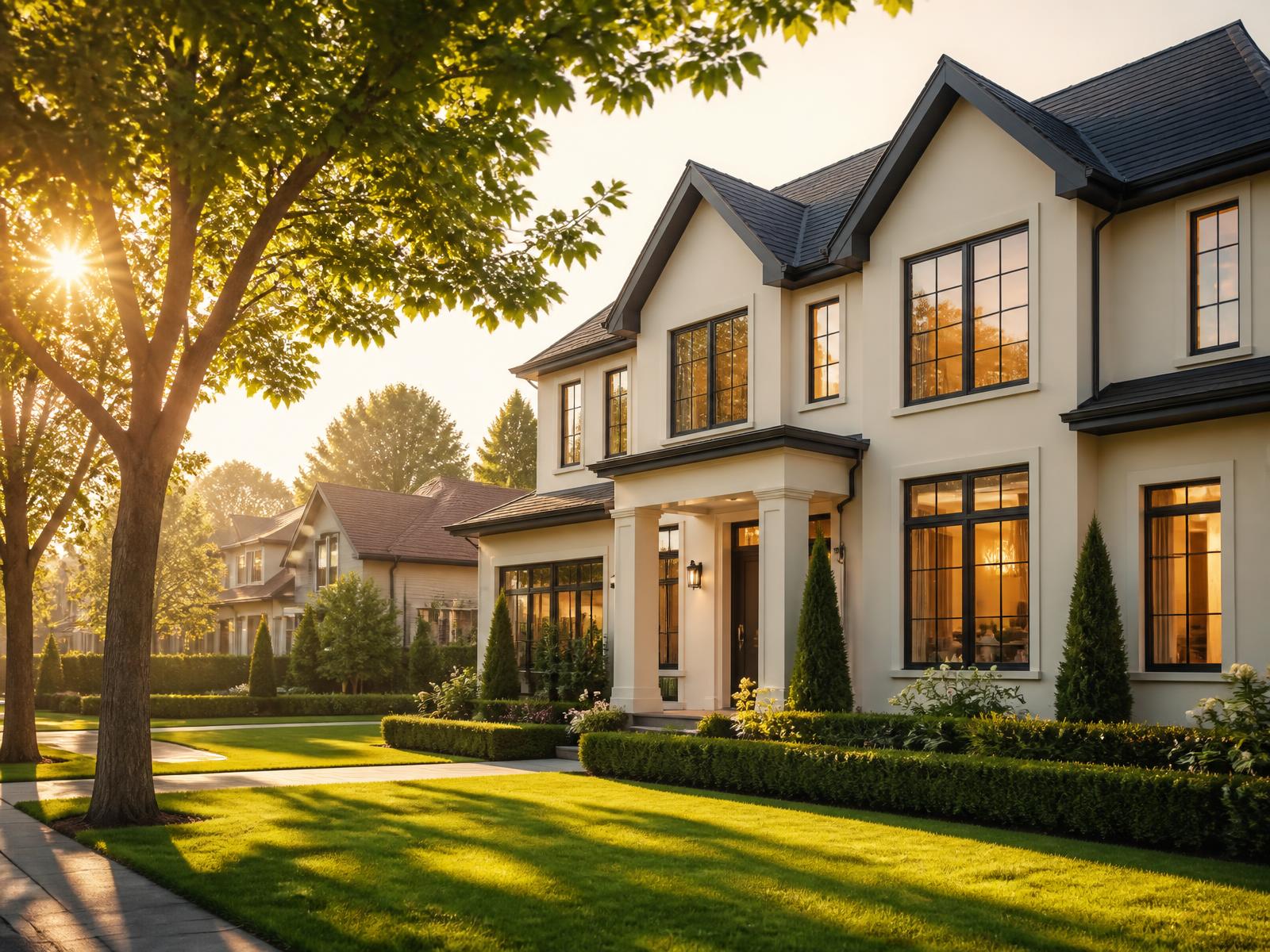 Modern family home at golden hour with manicured front garden